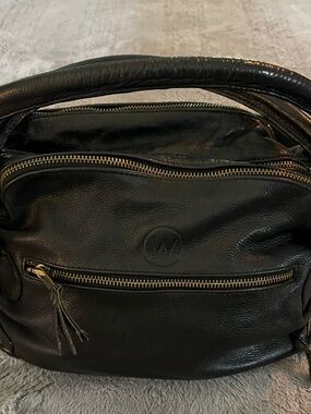 Black Leather Crossbody Bag with Front Zip Pocket